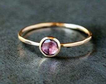 Pink Sapphire Ring, Round Rose Cut Gemstone 14k Yellow Gold Band, Diamond Alternative Promise Ring