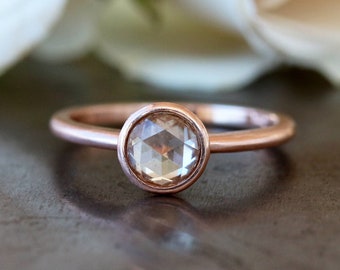 Champagne Diamond Ring, Rose Cut Diamond Solid 14k Gold, Minimalist Engagement Ring