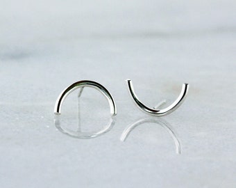 Silver Half Circle Studs, Crescent Moon Earrings, Sterling Silver Simple Everyday Style, Minimalist Jewelry