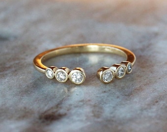 Diamond Cuff Ring, 14k Solid Gold Open Space Ring, Stacking Wedding Ring, Open Diamond Wedding Band