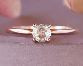 Rose Cut Diamond Ring, Genuine Diamond Ring, Solid 14k Rose Gold or Yellow Gold, Half Carat Diamond in Prong Setting