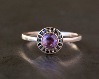 Black Diamond Halo Ring, Rose Cut Pink Sapphire Center, Unique Engagement Ring, 14k Rose Gold Band