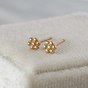 Tiny Gold Flower Studs, Solid 14k Gold Floral Studs, Youth Tiny Stud Earrings, Second Hole Earrings - Single or Pair of Two Earrings