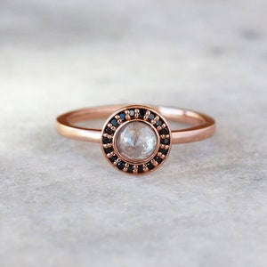 Black Diamond Halo Ring, Rose Cut Natural Icy Diamond, 14k Rose Gold Band, Salt and Pepper Diamond