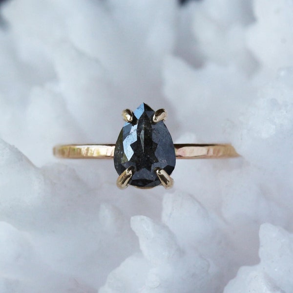 Rose Cut Pear Shaped Diamond Ring, Natural Black Diamond Solid 14k Yellow Gold, Pear Cut Engagement Ring