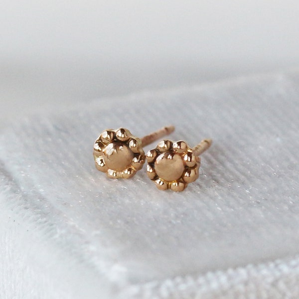 Tiny Gold Flower Studs, Solid 14k Gold Floral Studs, Youth Tiny Stud Earrings, Second Hole Earrings - Single or Pair of Two Earrings