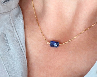 Blue Kyanite Necklace - 14k Gold Fill or Sterling Silver Chain with Sparkly, Faceted Kyanite Rectangle - Simple Gemstone Necklace