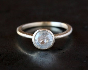 Icy Diamond Ring, Rustic Engagement Ring, Brushed 14k Solid Gold, Satin Matte White Diamond Solitaire Ring, 6.5mm Stone