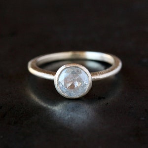 Icy Diamond Ring, Rustic Engagement Ring, Brushed 14k Solid Gold, Satin Matte White Diamond Solitaire Ring, 6.5mm Stone
