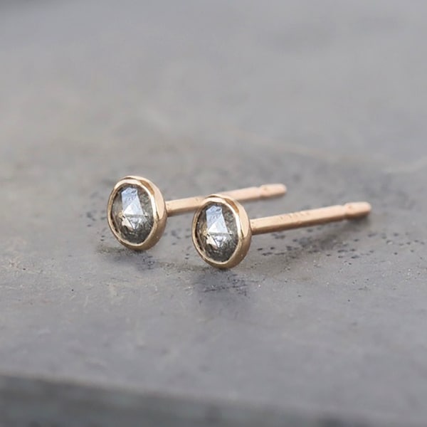 Salt and Pepper Diamond Stud Earrings, Rose Cut Galaxy Diamonds, Second Hole Gold Diamond Studs