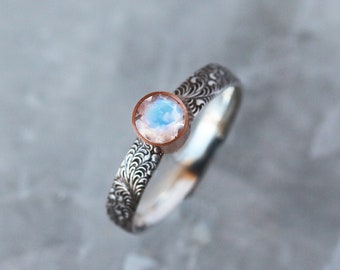 Rainbow Moonstone Ring, Floral Pattern Sterling Silver Band Oxidized Black with 14k Rose Gold