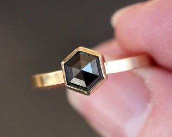 Black Diamond Hexagon Ring, Rose Cut Hexagonal Diamond, 18k Yellow Gold Band, Unique Engagement Ring