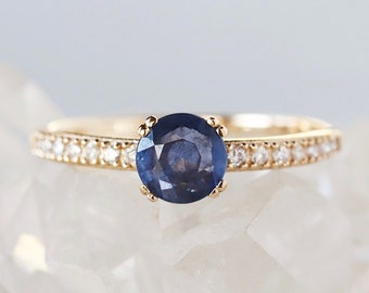 Blue Sapphire and Diamond Ring, Solid 14k Gold Band, Prong Set Round Sapphire with Pavé Diamonds, September Birthstone Ring