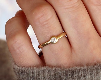 Classic Diamond Engagement Ring, 14k Yellow Gold Band with Round Brilliant Diamond, Recycled Gold and Diamond Low Profile Ring