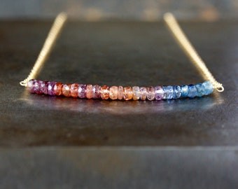 Sapphire Bar Necklace, Rainbow Gemstone Ombre Jewelry, September Birthstone Jewelry, 14k Gold Filled Chain
