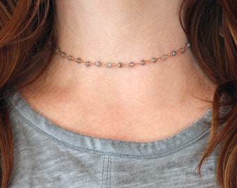 Dainty Beaded Choker Necklace, Boho Layering Jewelry, Labradorite Beaded Chain, Gemstone Choker Necklace