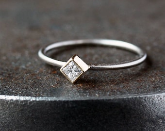 Princess Cut Diamond Ring, Solid Yellow Gold Setting with White Gold Band, Square Diamond Ring