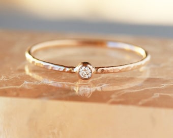 Tiny Diamond Ring Gold, Slim Hammered Band Tree Bark Texture, Dainty Promise Ring