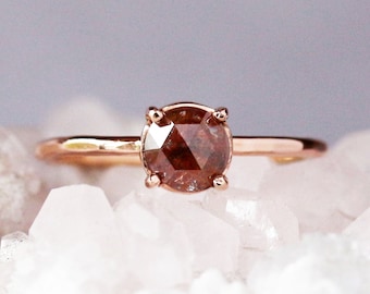 Red Diamond Ring, Rustic Rose Cut Diamond, 14k Rose Gold Hammered Band, Minimalist Engagement Rings