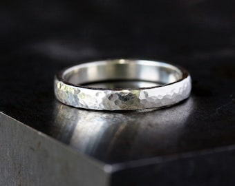 Men's Wedding Band, Hammered Sterling Silver, Bright Finish, Wedding Ring for Him