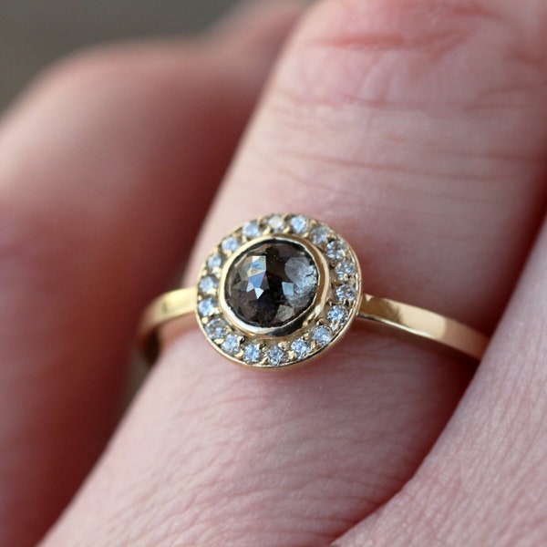 Rose Cut Diamond Halo Ring, Salt and Pepper Diamond Solid 14k Gold Band, White Diamond Halo