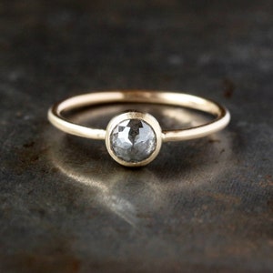 Gray Diamond Ring, Your Choice Rose Cut Salt and Pepper Diamond in Brushed 14k Yellow Gold