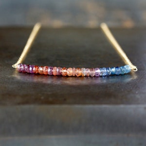 Sapphire Bar Necklace, Rainbow Gemstone Ombre Jewelry, September Birthstone Jewelry, 14k Gold Filled Chain
