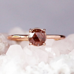 Red Diamond Ring, Rustic Rose Cut Diamond, 14k Rose Gold Hammered Band, Minimalist Engagement Rings