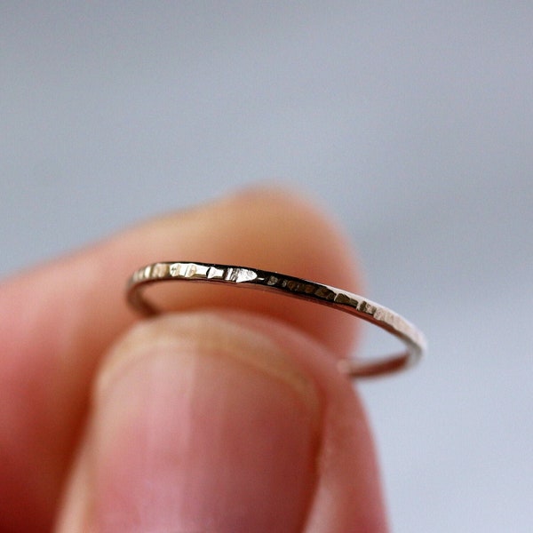 White Gold Thin Hammered Band, Solid 14k Palladium White Gold Ring, Skinny Stacking Ring, Simple Wedding Band