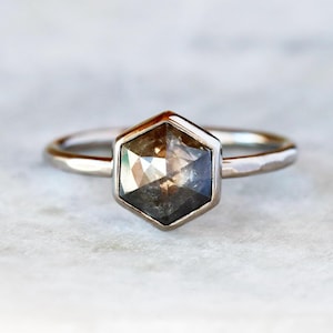 Hexagon Diamond Ring, Rose Cut Salt and Pepper Hexagonal Diamond in Nickel Free 18k Palladium White Gold, Low Profile Ring