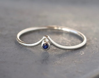Tiny Sapphire Chevron Ring, Sterling Silver Peak Ring with 2mm Gemstone, Genuine September Birthstone Jewelry