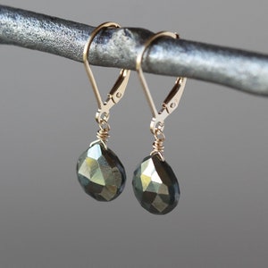 Gold Pyrite Drop Earrings, Faceted Gemstones Dangles, 14k Goldfill Lever Back Ear Wires, Sparkly Lightweight Earrings, Jewelry Gift for Her