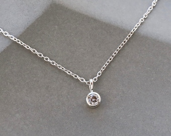 Tiny Diamond Necklace, Round Salt and Pepper Diamond, Adjustable Sterling Silver Chain, Dainty Minimalist Necklace, Genuine Diamond 3mm Size