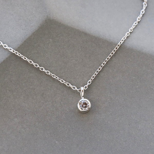 Tiny Diamond Necklace, Round Salt and Pepper Diamond, Adjustable Sterling Silver Chain, Dainty Minimalist Necklace, Genuine Diamond 3mm Size