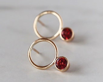 Garnet Circle Studs, Gold Open Circle Gemstone Stud Earrings, 14k Gold Filled Garnet Earrings, January Birthstone Gift for Her