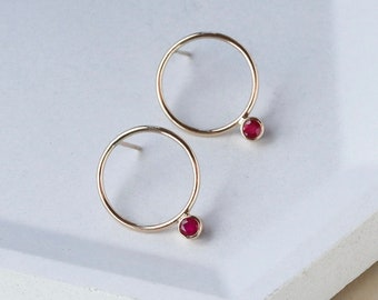 Ruby Earrings, Gold Circle Studs with Genuine Ruby Gemstones, 14k Gold Filled Earrings, July Birthstone Jewelry