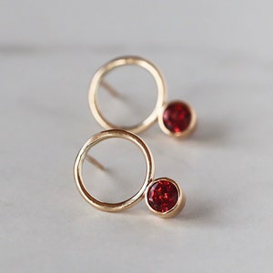 Garnet Circle Studs, Gold Open Circle Gemstone Stud Earrings, 14k Gold Filled Garnet Earrings, January Birthstone Gift for Her