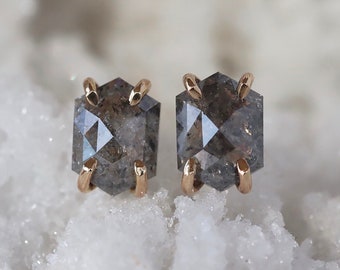 Diamond Hexagon Stud Earrings, Hexagonal Rose Cut Salt and Pepper Diamonds in Solid 14k Yellow Gold, Natural Diamond Earrings