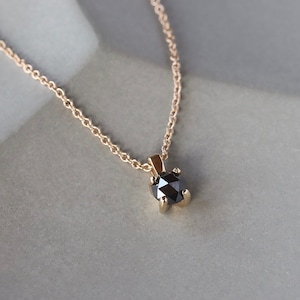 Black Diamond Necklace, Round Rose Cut Diamond, Adjustable 14k Yellow Gold Chain, Dainty Minimalist Necklace, Genuine Diamond 5mm Size