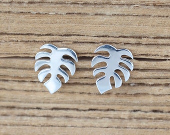 Monstera Leaf Stud Earrings, Sterling Silver Tropical Plant Lover Jewelry