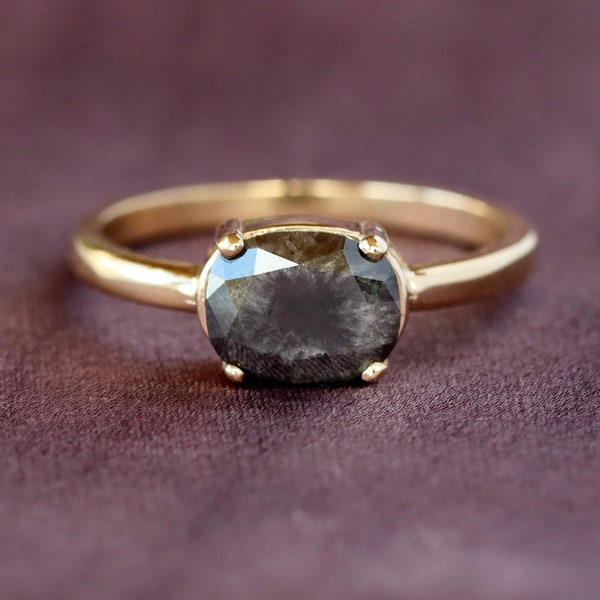 Oval Diamond Ring, 14k Yellow Gold Prong Set Salt and Pepper Diamond, East - West Prong Setting on Polished Band