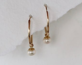 Pearl Hoop Earrings, Solid 14k Gold Pearl Hoops, Small Gold Endless Hoops, White Cultured Pearl Dangles, June Birthstone