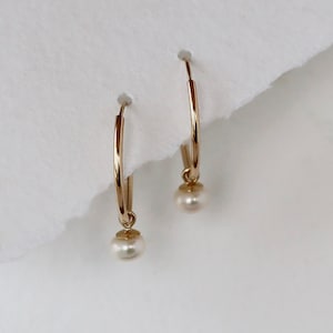Pearl Hoop Earrings, Solid 14k Gold Pearl Hoops, Small Gold Endless Hoops, White Cultured Pearl Dangles, June Birthstone