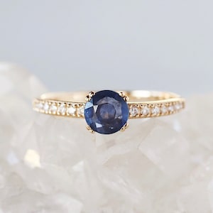 Blue Sapphire and Diamond Ring, Solid 14k Gold Band, Prong Set Round Sapphire with Pavé Diamonds, September Birthstone Ring