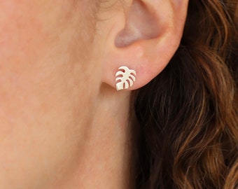 Monstera Leaf Earrings, Sterling Silver Tropical Leaf Studs, Plant Lover Jewelry, Hawaiian Earrings