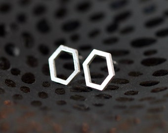 Silver Geometric Studs - Elongated Hexagon Earrings - Small Silver Studs - Sterling Silver Honeycombs - Brushed Silver Finish