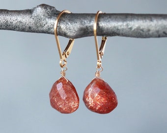 Natural Sunstone Earrings, Sparkly Gemstone Drops on Lever Back Closures, Sterling Silver or 14k Gold Fill Lightweight Earrings