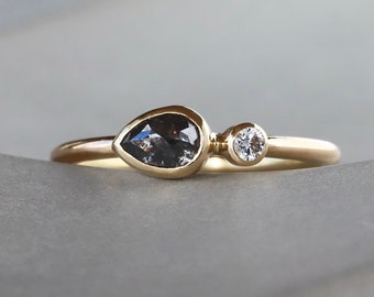 Black and White Diamond Ring, Two Stone Engagement Ring, Toi et Moi Ring in Solid 14k Gold, Bezel Set Salt and Pepper Rose Cut Diamond
