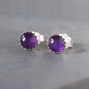 Amethyst Stud Earrings in Sterling Silver Serrated Setting