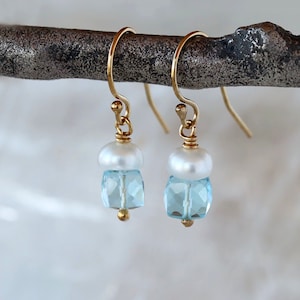 Topaz Pearl Earrings, Lightweight Mini Gemstone Dangles, Swiss Blue Topaz and White Pearls, 14k Gold Filled